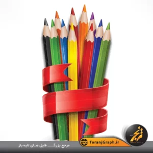 وکتور لایه باز مداد رنگی و روبان قرمز