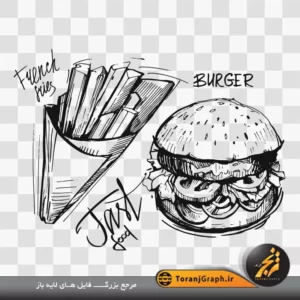 وکتور مشکی ساندویچ و سیب زمینی سرخ شده