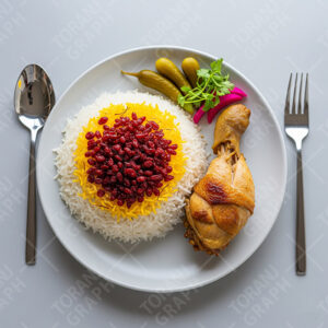 عکس تبلیغاتی زرشک پلو با مرغ و برنج ایرانی